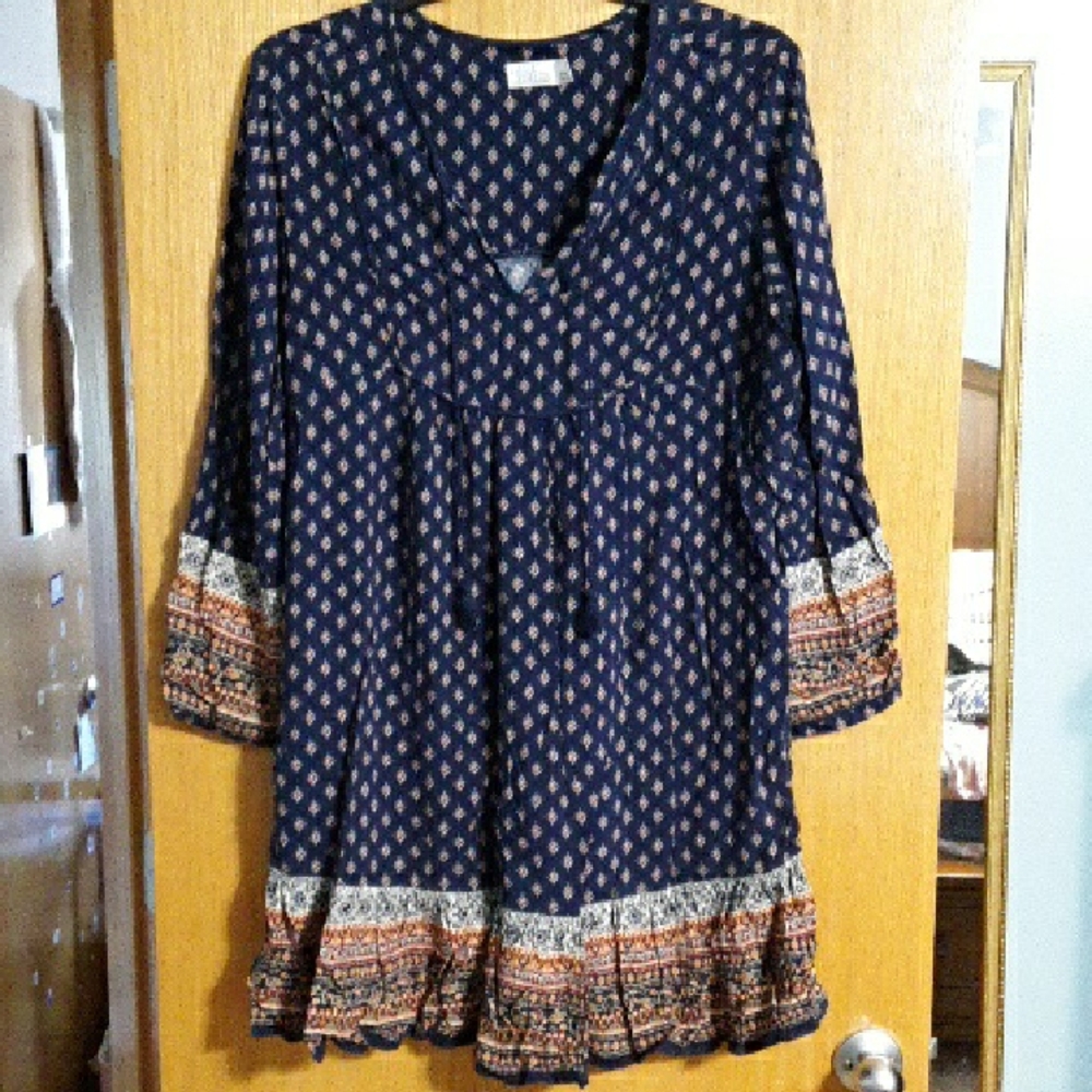 Time and Tru Navy Printed Long-Sleeve Boho Tunic Dress with Rust and Cream Trim